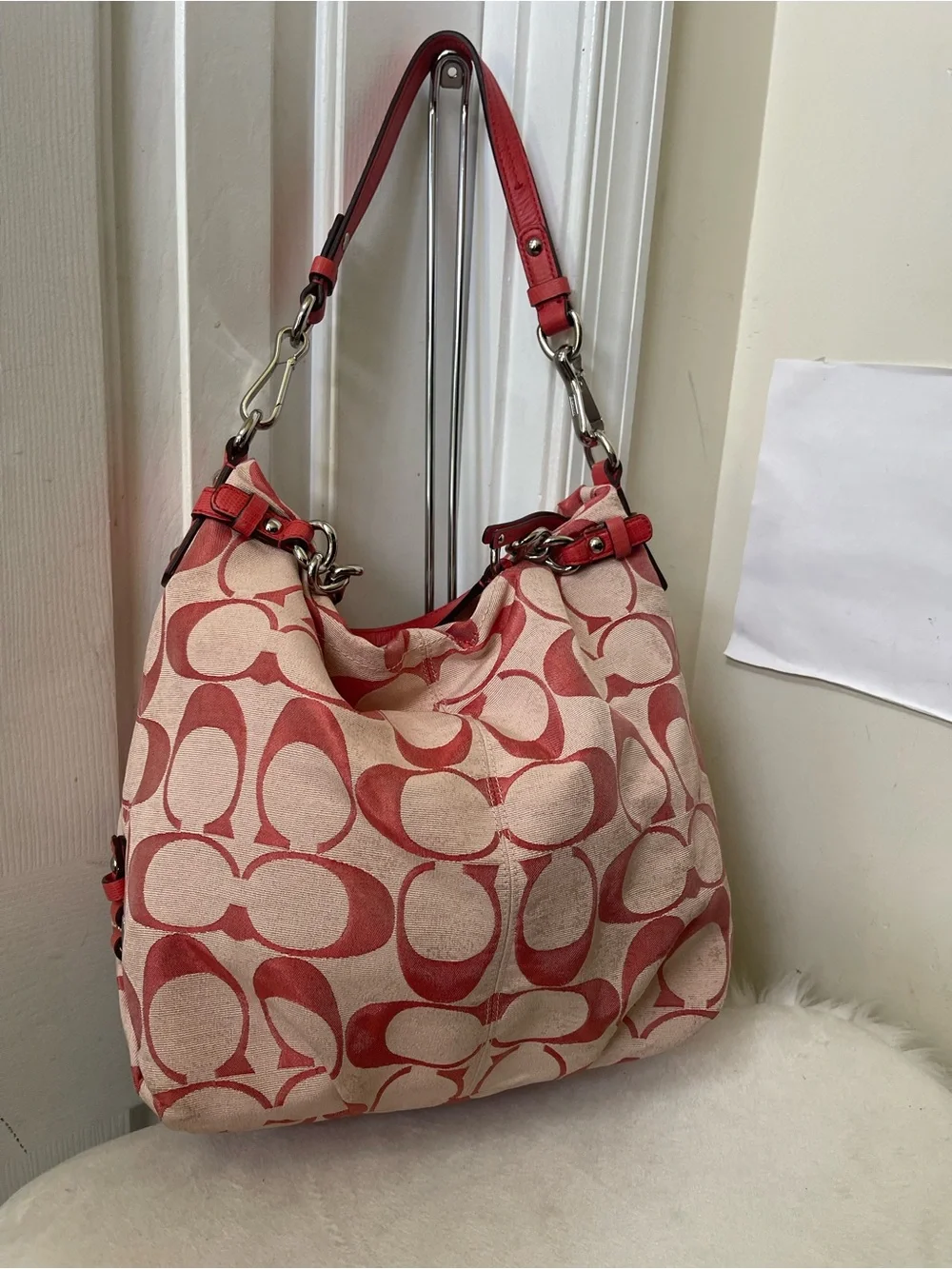 Coach Red Signature Canvas Shoulder Bag with Leather Trim